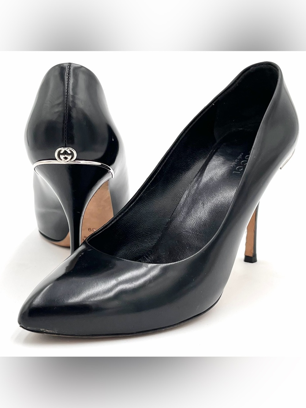 Gucci Black Leather Paloma Stiletto Heels GG Logo Size EU 39 US 9